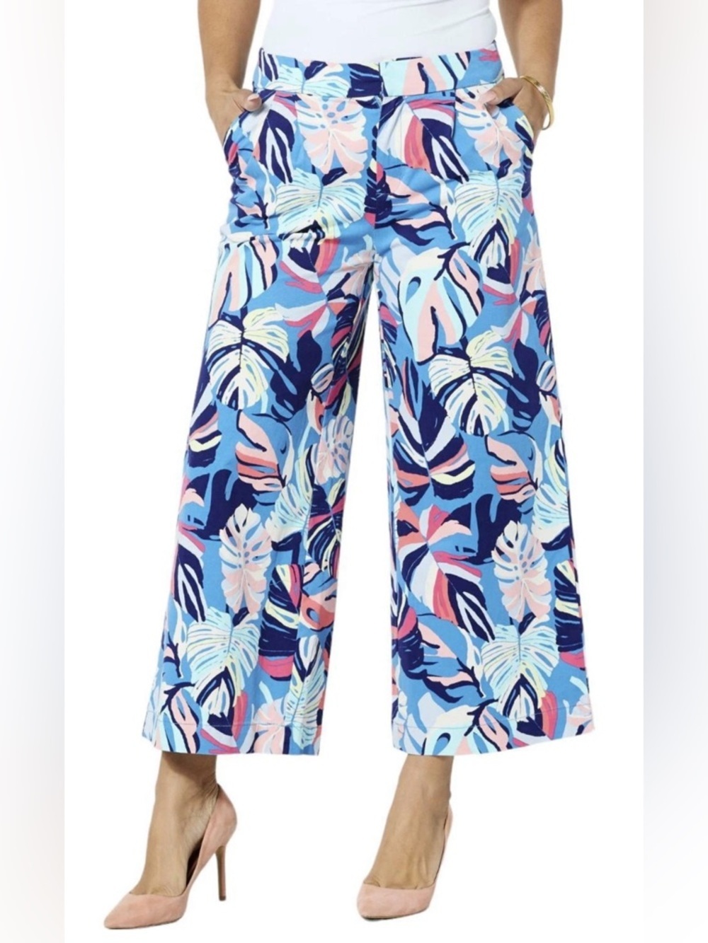 IMAN Global Chic Stretch Twill Crop Wide Leg Pant with Pockets In Blue Palm Sz 4